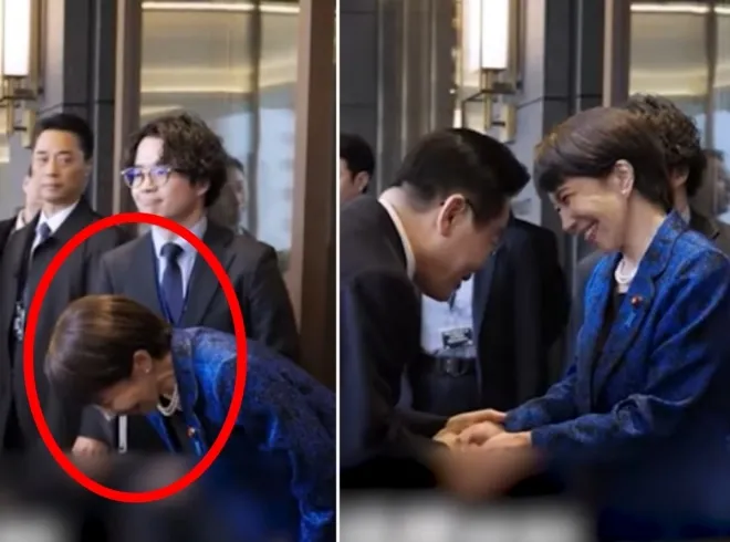 이재명 대통령이 13일 일본 나라현 회담장에서 열린 확대 회담에 앞서 마중 나온 다카이치 사나에 일본 총리의 환대를 받고 있다. 영상 캡처