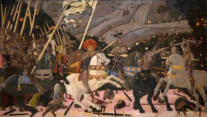 파울로 우첼로, ‘산 로마노 전투’, 1438-1440, 패널에 혼합 매체, 180×320cm, 런던 내셔널 갤러리