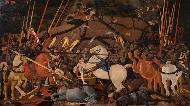 파올로 우첼로, ‘산 로마노 전투’, 1435-1455, 패널에 혼합 매체, 180×320cm, 우피치 미술관