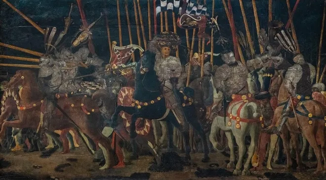파올로 우첼로, ‘산 로마노 전투’, 1455, 패널에 혼합 매체, 180×320cm, 파리 루브르 미술관