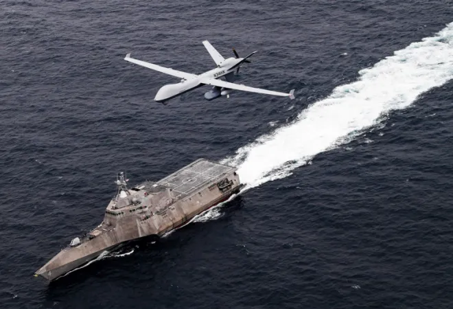 MQ-9B 시가디언과 미 해군 LCS 함정 자료사진. 미 국방부 제공