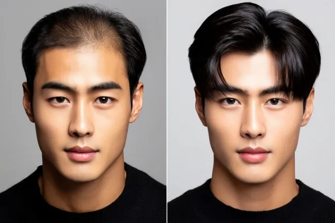 탈모 남성 치료 전후 비교 사진 AI 생성. 123rf.com