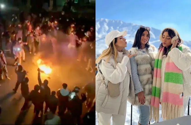 이란 반정부 시위가 이어지는 가운데 테헤란 거리에서 시위대가 불길 주변에 모여 있는 모습(왼쪽, 2026년 1월 9일). 시위 국면과 대비되는 이란 상류층 청년들의 호화로운 일상은 과거 인스타그램 계정 ‘리치 키즈 오브 테헤란’을 통해 국제적 주목을 받았다(오른쪽). AP·소셜미디어 자료사진