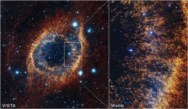 왼쪽은 지상 기반 가시광 및 적외선 망원경으로 촬영한 헬릭스 성운, 오른쪽은 제임스 웹 우주망원경이 촬영한 근접 이미지. ESO, VISTA, NASA, ESA, CSA, STScI, J. Emerson (ESO); Acknowledgment: CASU