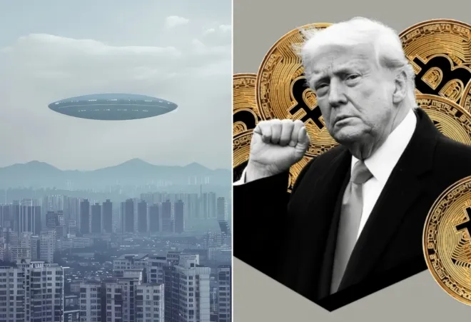 왼쪽은 UFO 상상도, 오른쪽은 트럼프 미국 대통령 자료사진