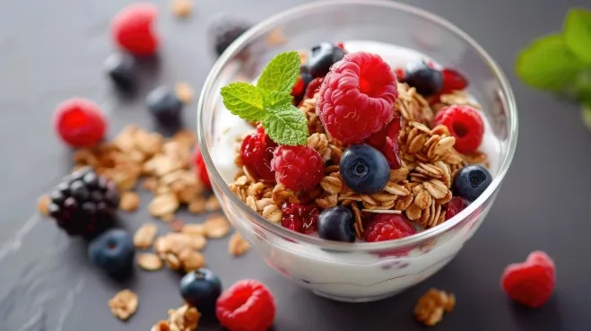 귀리와 베리, 요거트를 곁들인 아침 식사. 전문가들은 식이섬유 섭취를 늘리기 위해 통곡물과 과일을 식단에 꾸준히 포함하라고 조언한다. 123rf