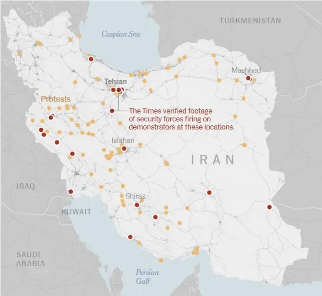 이란 전역 시위 지도. 붉은 점은 보안군의 시위대 실탄 사격이 확인된 지역으로, 뉴욕타임스(NYT)가 검증한 영상 위치를 표시했다. 노란 점은 시위 발생 지역. ISW·AEI 산하 ‘크리티컬 스레츠 프로젝트’ 및 NYT 자료 종합