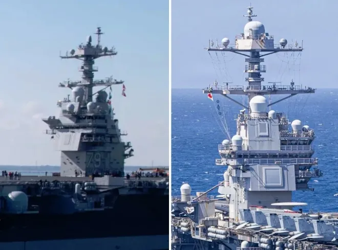 왼쪽은 존 F. 케네디, 오른쪽은 제럴드 R. 포드 함교 . HII/USN 제공