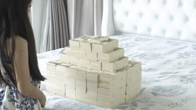 말레이시아의 한 대형 저택에서 일본인 남성의 개인 침실 침대 위에 쌓인 현금 다발을 제2부인이 바라보고 있다. 해당 장면은 “동기부여를 위한 것”이라는 설명과 함께 방송을 통해 공개됐다. 아메바(ABEMA) ‘사랑의 하이에나 시즌5’ 캡처