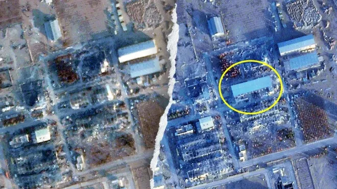 왼쪽 사진은 2025년 12월 7일 이란 이스파한 핵시설 모습. 오른쪽 사진은 지난 28일 모습. AP 연합뉴스