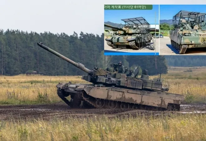 폴란드 군사전문매체(포르살)는 지난달 한국 육군이 시범 운용 중인 대드론 방호막을 장착한 K2 전차의 모습을 공개했다. 큰 사진은 폴란드 훈련장에서 K2 흑표 전차가 기동훈련 하는 모습. 포르살 제공