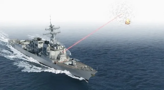 미 해군 알레이버크급 구축함이 고에너지 레이저 무기 ‘헬리오스’(HELIOS)를 발사하는 모습을 형상화한 그래픽 이미지. 실제 교전 상황에서는 레이저 빔이 맨눈으로 보이지 않는다. 록히드마틴 제공