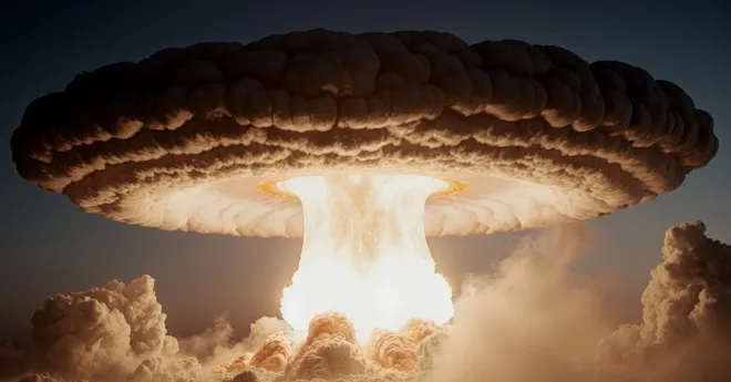 거대한 폭발로 형성된 버섯구름이 하늘로 치솟는 모습. 핵무기의 파괴력을 상징적으로 표현한 이미지. 123rf