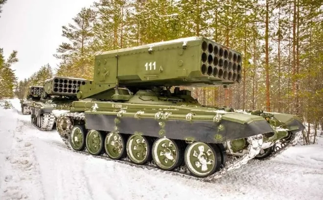 러시아군이 보유한 TOS-1A 열압력 로켓 발사대 자료사진