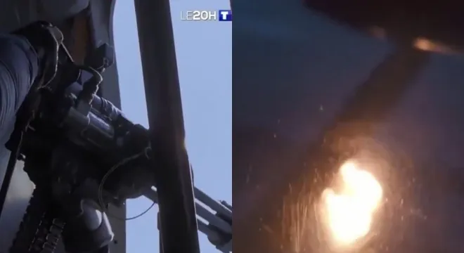 구형 수송기에서 직접 미니건으로 러시아 샤헤드 드론을 격추하는 모습. 영상 캡처