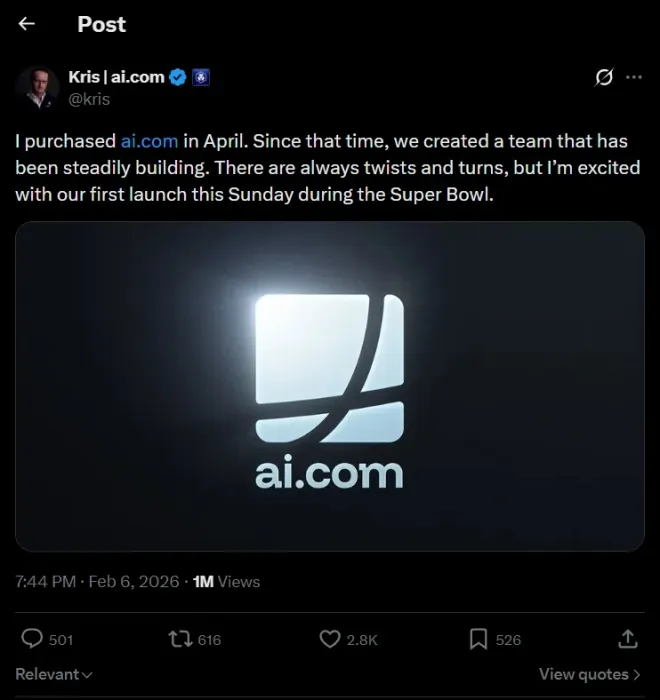 크리스 마르잘렉 크립토닷컴 CEO가 ai.com 인수 사실을 언급한 X(옛 트위터) 게시물. 현재 해당 게시물은 계정에서 확인되지 않는다. 온라인 커뮤니티 캡처