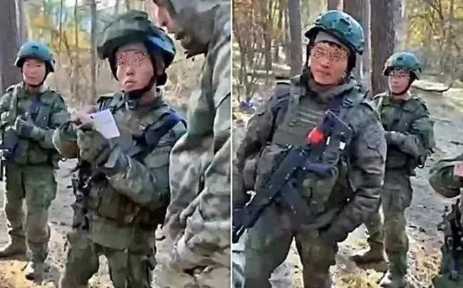 우크라이나 언론인 안드리 차플리엔코가 2024년 11월 5일 소셜미디어에 “쿠르스크 지역 북한군 모습을 담은 최초의 영상”이라며 공개한 사진. 텔레그램