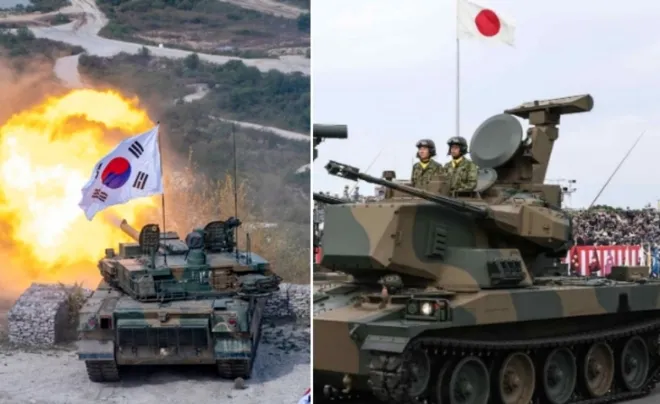 2022년 9월 20일, 대한민국 육군이 경기도 포천에서 K-2 전차를 이용한 실사격 훈련을 실시하고 있다. 대한민국 육군 제공(왼쪽), 오른쪽은 일본 육상 자위대 자료사진