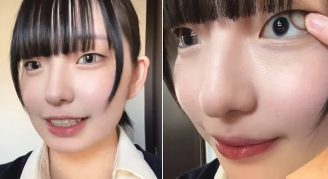 일본 여성 아카네코(활동명)가 자신의 눈을 공개한 SNS 영상 속 모습. 사백안임을 증명하기 위해 눈 주변을 보여주고 있다. 틱톡 캡처