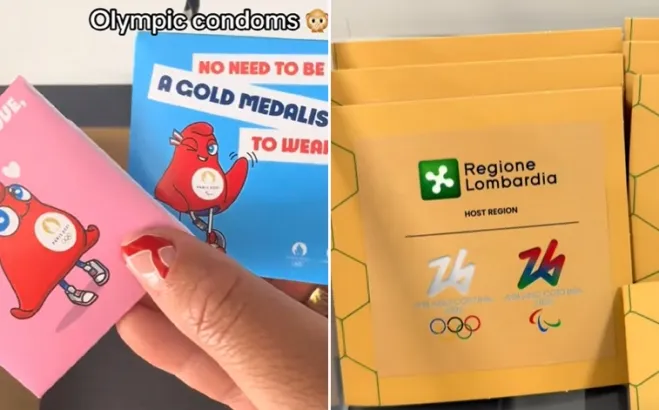 2024년 파리 하계올림픽에서 배포된 콘돔(왼쪽)과 2026년 밀라노·코르티나 동계올림픽 선수촌에 비치된 콘돔 포장 모습. 사라 더글러스·올리비아 스마트 틱톡 캡처