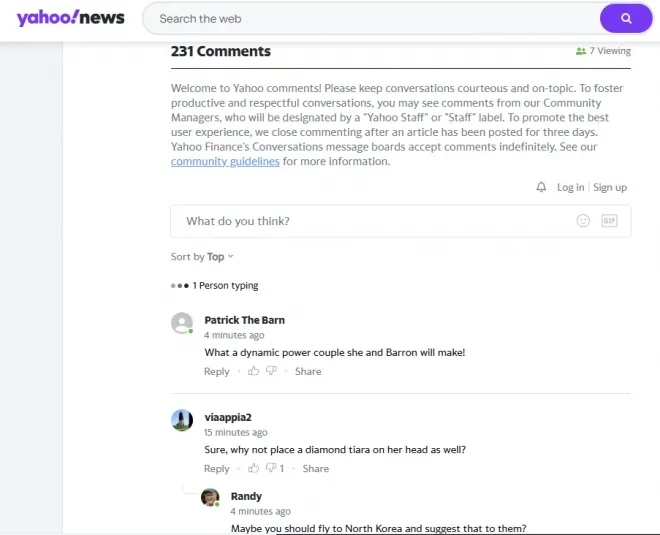 미국 야후뉴스 기사 댓글창에 올라온 김주애 후계 구도 관련 반응. ‘왕조 체제’와 권력 승계 문제를 두고 다양한 의견이 이어졌다. 야후뉴스 화면 캡처