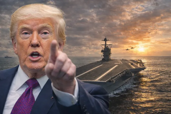 도널드 트럼프 미국 대통령이 12일(현지시간) 워싱턴 백악관 루스벨트룸에서 연설하는 모습과 미 해군 핵추진 항공모함 제럴드 R. 포드함 자료사진을 합성한 이미지. AP 연합뉴스 / 미 해군 자료사진 합성.