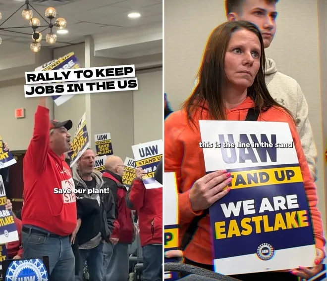 미국 오하이오주 콘셀머 공장의 중국 이전 계획에 반대하는 노동자들이 집회를 열고 일자리 유지를 촉구하고 있다. UAW 페이스북 캡처