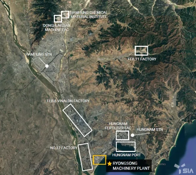 함경남도 함흥 일대 주요 산업시설 위치를 표시한 위성 이미지. 하단 별표 지점이 룡성기계연합기업소 위치다. SI애널리틱스 제공