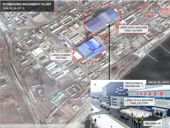 룡성기계연합기업소 위성 이미지. 현대화 공사가 일부 공장 구역에 집중된 정황이 표시돼 있으며, 김정은 북한 국무위원장의 시찰 동선과 맞물린 구간 중심으로 정비가 이뤄진 것으로 분석됐다. SI애널리틱스 제공
