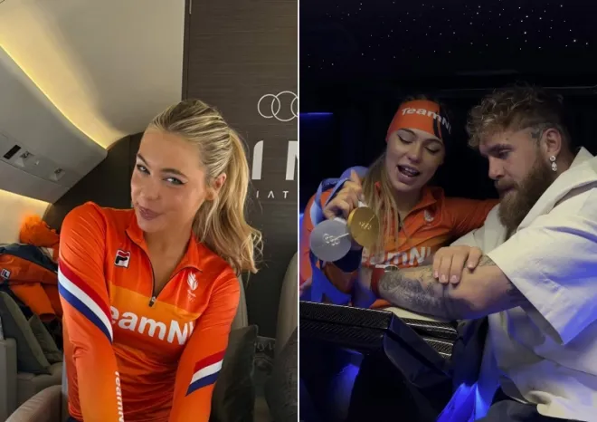 네덜란드 스피드스케이팅 선수 유타 레이르담이 올림픽 출전을 위해 밀라노로 향하는 전용기 안에서 촬영한 모습(왼쪽)과 금메달을 딴 뒤 약혼자 제이크 폴과 함께 축하하는 장면을 SNS에 공개했다. 인스타그램 캡처