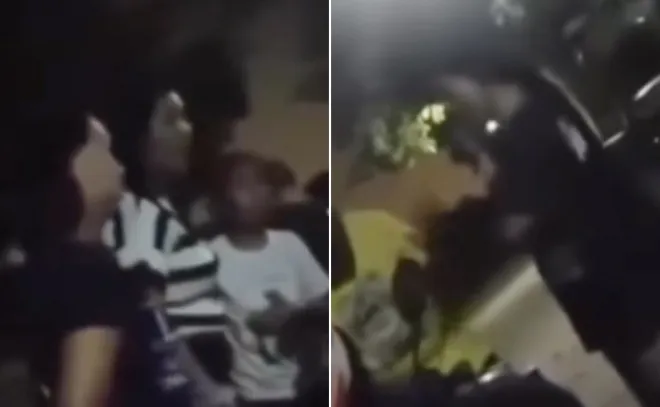 태국 논타부리주 한 사찰 앞에서 주지 스님 A씨와의 관계를 둘러싸고 여성들이 언쟁을 벌이고 있다. 왼쪽은 스님의 아내라고 주장한 줄무늬 옷 여성 퐁(Pong) 일행, 오른쪽은 사찰에서 일했던 미얀마 국적 여성 새(Sae)의 모습. 영상 캡처