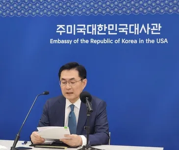 정연두 외교부 외교전략정보본부장이 26일(현지시간) 미국 워싱턴 주미한국대사관에서 열린 특파원 간담회에서 발언하고 있다. 연합뉴스