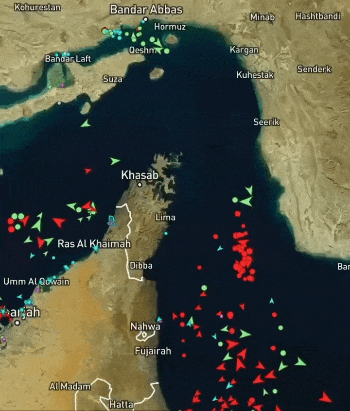 호르무즈 해협 일대 선박 이동 상황을 보여주는 해상 교통 지도 영상. 중동 전쟁 여파로 일부 선박이 항로를 우회하거나 정체되는 모습이 포착됐다. 엑스(X) 캡처