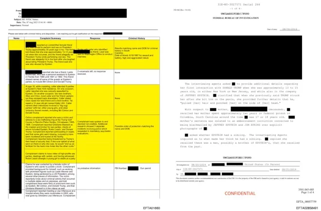 미 연방수사국(FBI)이 2019년 엡스타인 사건 수사 과정에서 작성한 인터뷰 기록 일부. 피해를 주장한 여성의 진술과 관련 정보가 문서 형태로 정리돼 있다. 미 법무부