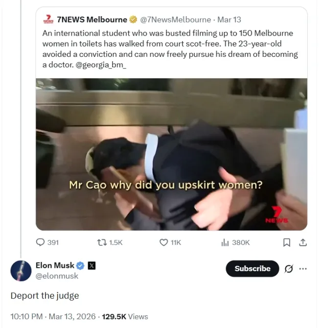 호주 ‘몰카 사건’ 관련 게시물에 일론 머스크 테슬라 CEO가 “판사를 추방하라(Deport the judge)”는 글을 남기며 논란에 불을 붙였다. 엑스(X) 캡처
