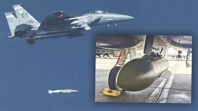 F-15E 스트라이크 이글에서 시험 발사되고 있는 GBU-72. 미 공군 제공