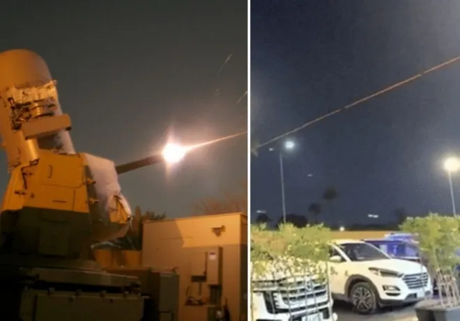 왼쪽은 C-RAM 자료사진, 오른쪽은 17일(현지시간) 이라크 바그다드에 있는 미국 대사관을 향한 이란 공격을 막는 C-RAM의 모습. 엑스 캡처