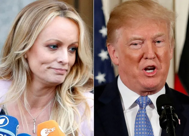 성인 배우 스테파니 클리퍼드(스토미 대니얼스·왼쪽)와 도널드 트럼프 미국 대통령. 2018년 4월 각각 뉴욕과 미시간에서 발언하는 모습. 로이터 연합뉴스