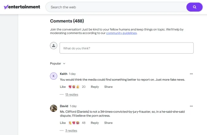 야후 엔터테인먼트 기사 댓글창에 수백 개 댓글이 달리며 논쟁이 이어지고 있다. 야후 뉴스 캡처