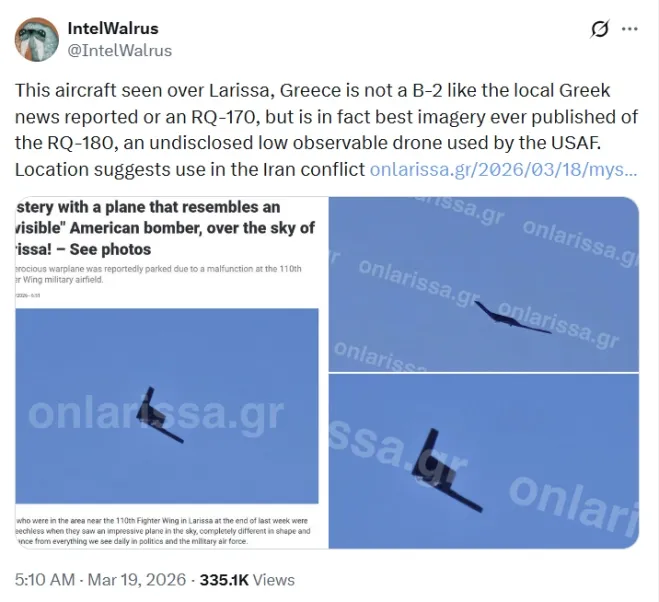 그리스 라리사 상공에서 포착된 스텔스 무인기로 추정되는 항공기 모습. 현지 매체와 군사 분석가들은 해당 기체가 미 공군의 극비 정찰 드론 RQ-180일 가능성을 제기했다. 엑스(X·옛 트위터) 캡처