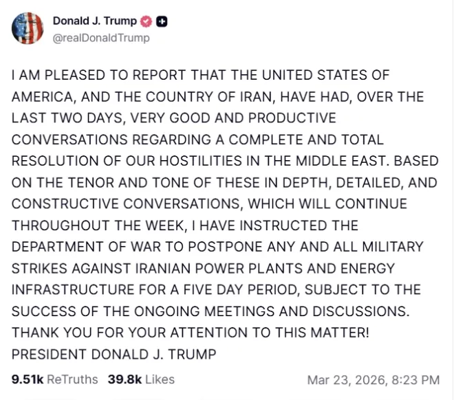 도널드 트럼프 미국 대통령이 23일(현지시간) 트루스소셜에 미국과 이란이 최근 이틀간 “매우 좋고 생산적인 대화”를 했다고 주장하며 이란 발전소와 에너지 인프라에 대한 군사 타격을 5일간 유예하겠다고 밝힌 글. 트루스소셜 캡처