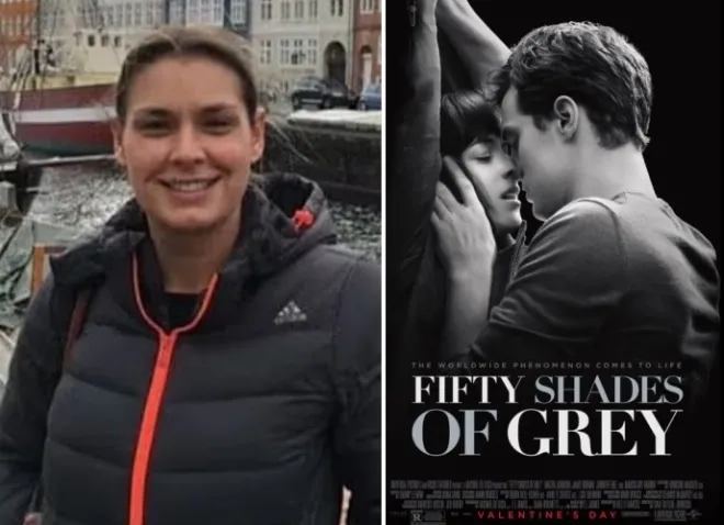 왼쪽은 2017년 11월 스스로 목숨을 끊은 영국의 태린 베어드(사망 당시 34세), 오른쪽은 ‘그레이의 50가지 그림자’ 영화 포스터