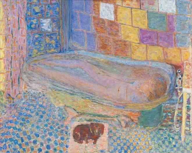 피에르 보나르, ‘욕조 안 누드와 작은 개’, 1940-46, 캔버스에 유채, 122.6×150.5cm, 카네기 미술관