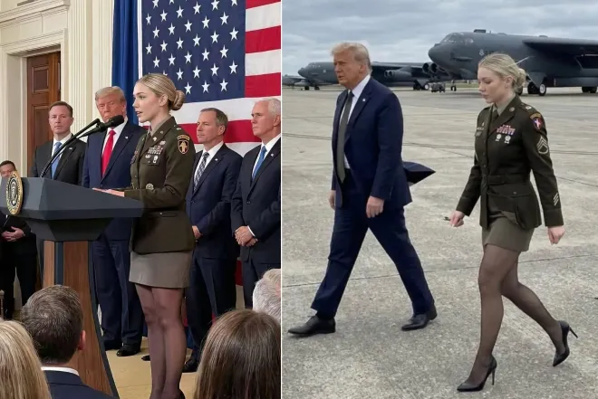 AI 가상 인물 ‘제시카 포스터’ 계정에 올라온 게시물들. 왼쪽은 트럼프 대통령이 지켜보는 행사장에서 연설하는 듯한 장면이고, 오른쪽은 군복 차림으로 트럼프 대통령과 활주로를 걷는 모습이다. 워싱턴포스트는 해당 계정이 실존 여군이 아닌 AI 생성 인물이라고 보도했다. SNS 캡처