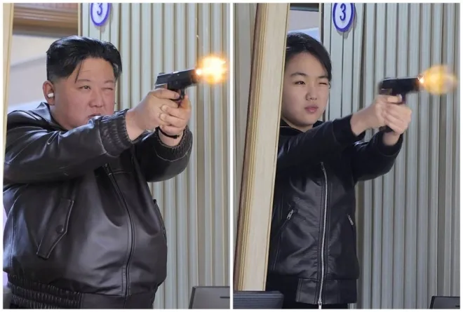 김정은 북한 국무위원장이 딸 주애와 함께 지난 11일 권총 등 휴대용 경량 무기를 생산하는 군수공장을 시찰하고 실내사격장에서 권총 사격을 하고 있는 모습. 조선중앙통신 연합뉴스