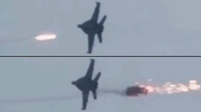 해군  F/A-18E/F  슈퍼호넷 전투기가 이란의 휴대용 대공 미사일  (MANPADS) 공격을 받는 모습. 더워존 영상 캡처