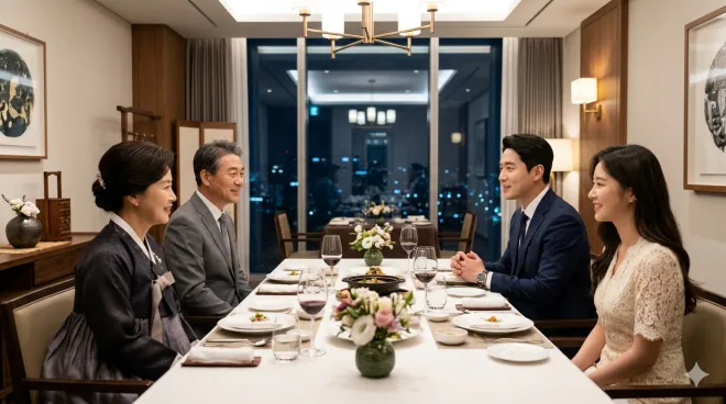 고급스러운 식당에서 한복을 입은 중년 여성과 정장을 입은 중년 남성, 그리고 젊은 커플이 격식 있게 식사하며 대화를 나누고 있다. 창밖으로 아름다운 도시 야경이 보인다.
