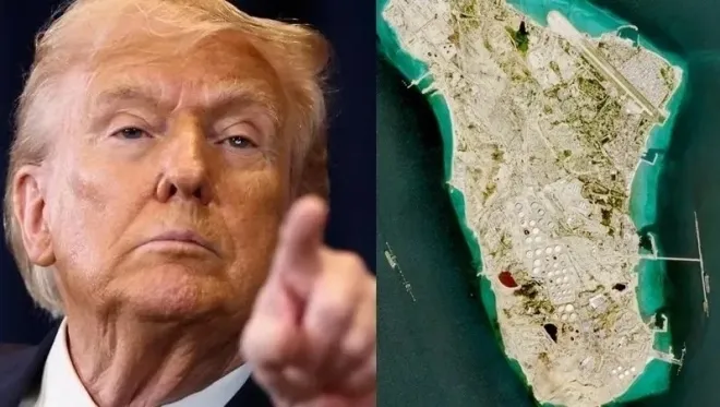 도널드 트럼프 미국 대통령과 위성으로 본 하르그섬. 로이터 연합뉴스