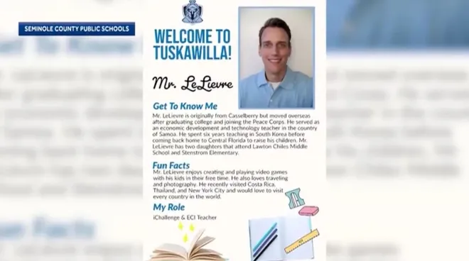 세미놀 카운티 공립학교의 교사 소개 자료에 실린 대니얼 르 리에브르. 자료에는 그가 한국 등 해외에서 가르친 경력이 있다고 적혀 있다. 현지 수사 문건에는 피해 학생의 어머니가 두 사람이 올랜도의 디즈니 스프링스에서 손을 잡고 있는 모습을 봤다고 진술한 내용도 담긴 것으로 전해졌다. WFLA 캡처