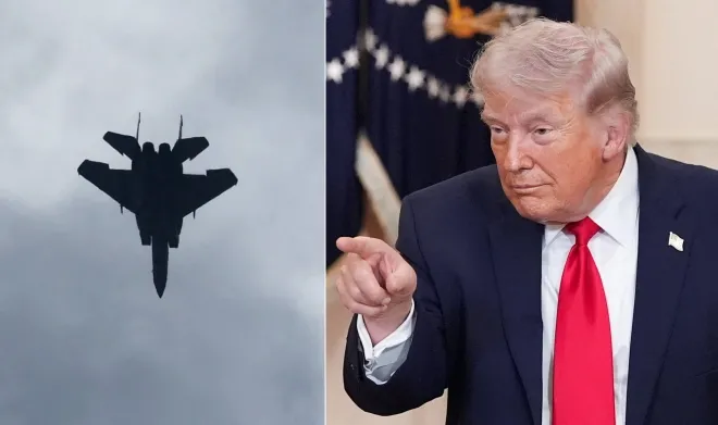 이스라엘 공군 F-15 전투기가 지난달 30일(현지시간) 이스라엘 중부 상공을 비행하고 있다. 오른쪽은 도널드 트럼프 미국 대통령이 지난 1일(현지시간) 워싱턴 백악관에서 이란 전쟁과 관련한 대국민 연설 뒤 손짓하는 모습. EPA·로이터 연합뉴스